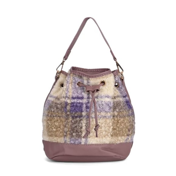 Purple/Tan Bucket Bag with Checker Pattern Faux Fur Design - Picture 1 of 6